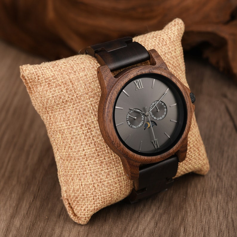 Wood Watch for Men, Personalized Men's Wooden Watch, Walnut Watch, Anniversary Gift for Him, Birthday Gift for Dad Husband Son, Moon Phase image 4