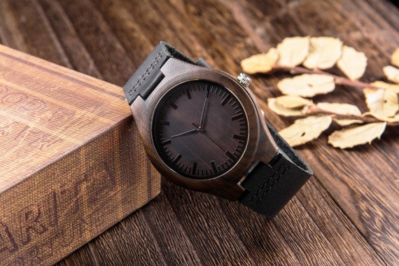 Engraved Ebony Wood Watch, Black Leather Strap, Personalized Gift