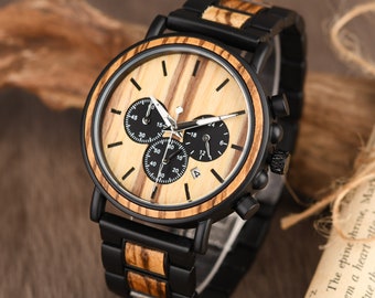 Personalice el reloj de madera grabado Reloj de madera para hombre Regalo de cumpleaños de aniversario personalizado para esposo novio papá hijo, cronógrafo manecillas luminosas