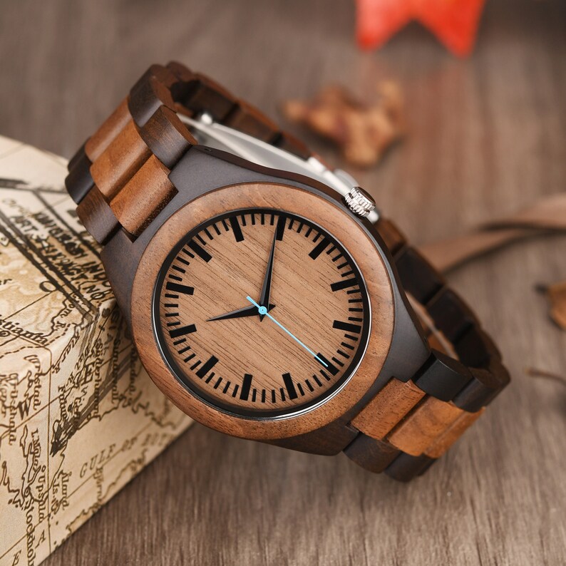 Men's engraved wood watch walnut & ebony combined Japanese movement image 2