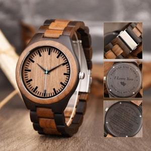 Men's engraved wood watch walnut & ebony combined Japanese movement image 3