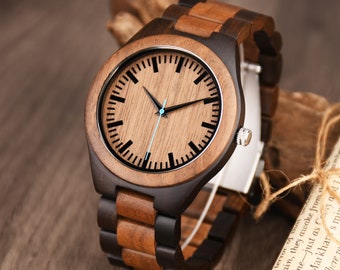 Men's engraved wood watch walnut & ebony combined Japanese movement