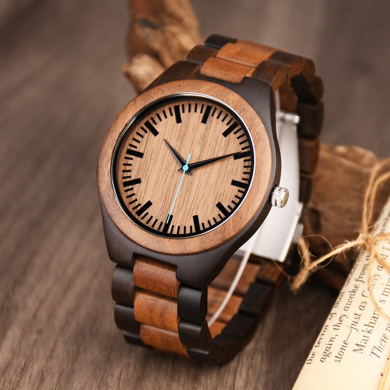 Men's engraved wood watch walnut & ebony combined Japanese movement image 1