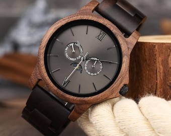 Wood Watch, Custom Mens Watch, Engraved Wood Watch, Walnut Watch with Leather Stap, Anniversary Watch for Him, Moon Phrase Date Week