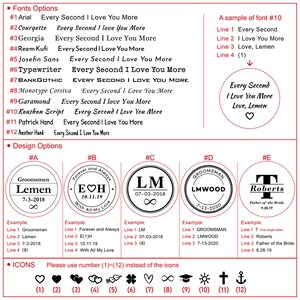 Puede incluir: Una gu&iacute;a de diferentes opciones de fuente y dise&ntilde;o para sellos de madera personalizados. La imagen muestra cinco dise&ntilde;os de sellos diferentes con ejemplos de texto y saltos de l&iacute;nea. La imagen tambi&eacute;n incluye una lista de 12 fuentes diferentes y 12 iconos que se pueden usar para los sellos.