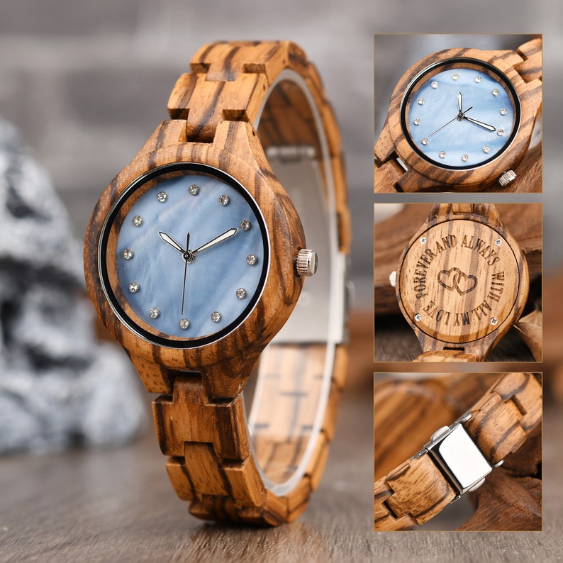 Engraved Wood Watch for Women Mother's Day Gift Anniversary Gift for Wife Personalized Wood Watch for Her Zebra Analog Wooden Wristwatch image 3