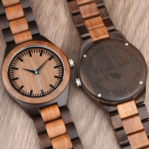 Men's engraved wood watch walnut & ebony combined Japanese movement image 5