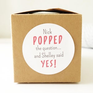 Personalised He Popped The Question Stickers 45mm (1.8&quot;) - Engagement Favour Stickers - Engagement Labels - Popcorn Stickers