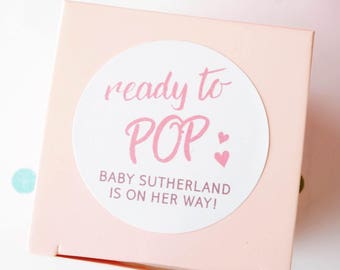 Personalised Baby Shower Stickers 1.8" (45mm) ~ Ready To Pop ~ Pink Blue ~ Custom Name Sticker ~ Mum To Be ~ Baby Shower Favour