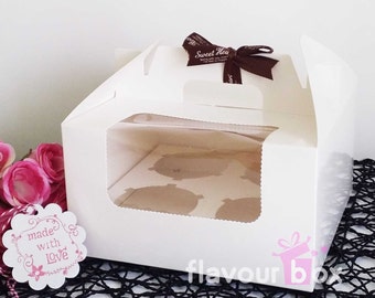 Cupcake Carrier Boxes or Cake Boxes with Handle & Ribbon (with 4-holes cupcake inserts)