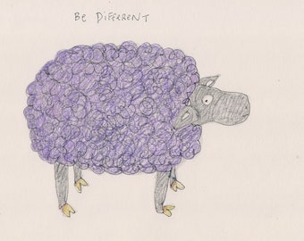 Purple Sheep Drawing - Animal Cartoon, Farm Animal Art, Sheep Illustration, Sheep Gift