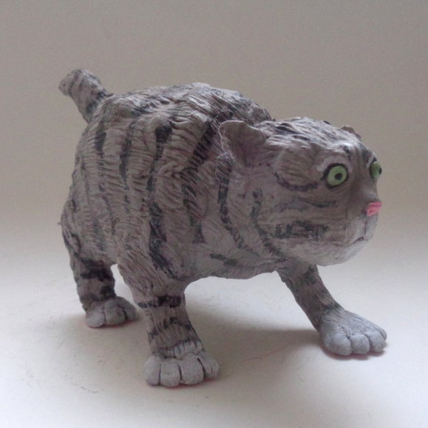 Fat Tabby Cat Sculpture - Handmade Art Object, Folk Art Cat Ornament