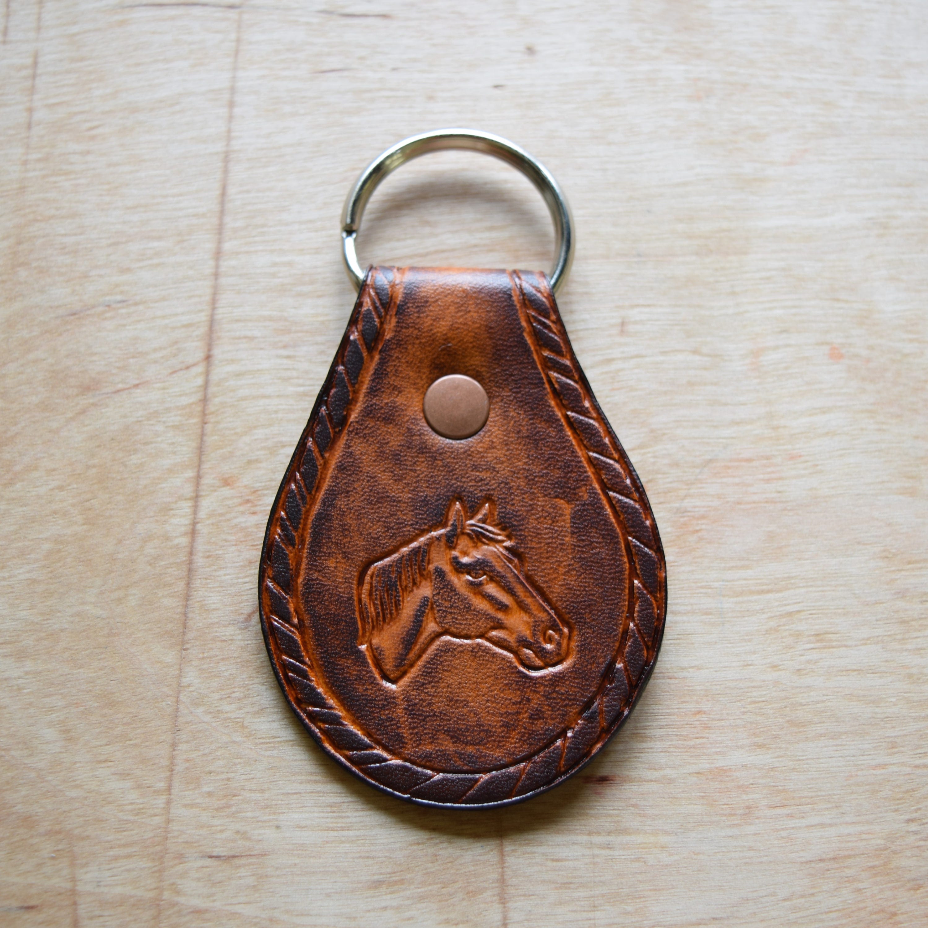 Leather Keychain Horse Head Brown Hand Stamped and Hand Etsy