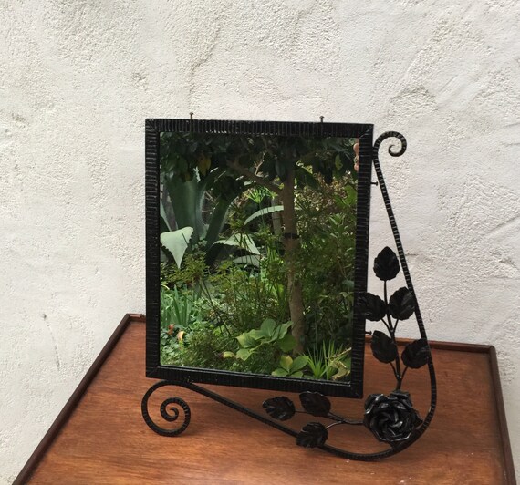 Vanity Mirror Psyche Black Wrought Iron Scrolls And Flowers
