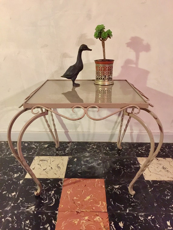 Taupe 1950 S Wrought Iron Glass Top Coffee Table Etsy