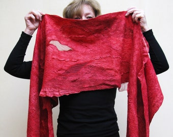 Silk Wool Scarf Shawl Wrap Red Nuno felted scarf Hand felted scarf for Woman 100% natural Design shawl