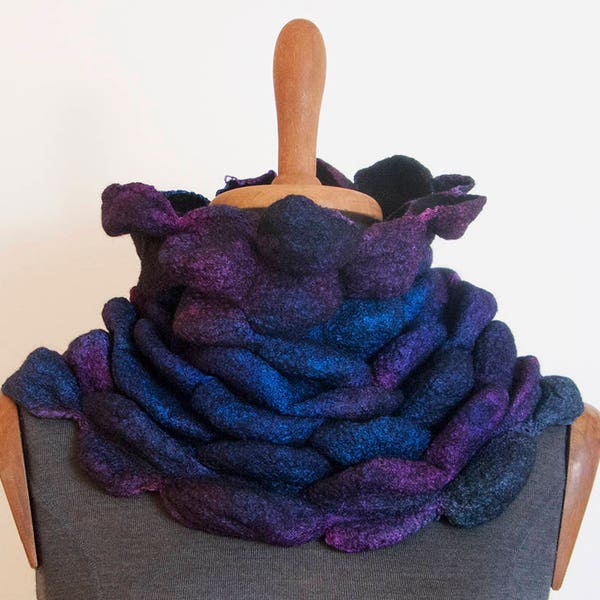 Galaxy Nuno Felted Snood Scarf - wrinkled, Blue Purple Violet Snood, Silk Wool Scarf, OOAK winter scarf, Design Scarf, Art