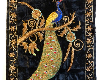 Beautiful Traditional Vintage Zardozi, Handmade Embroidered Wall Hanging, Embellished Peacock Design