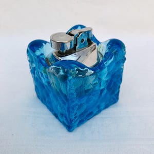 1960s Atomic, Aqua Blue Crystal, Cubic Table Lighter, Scandinavian Hand Cut, Dimpled, Crystal.
