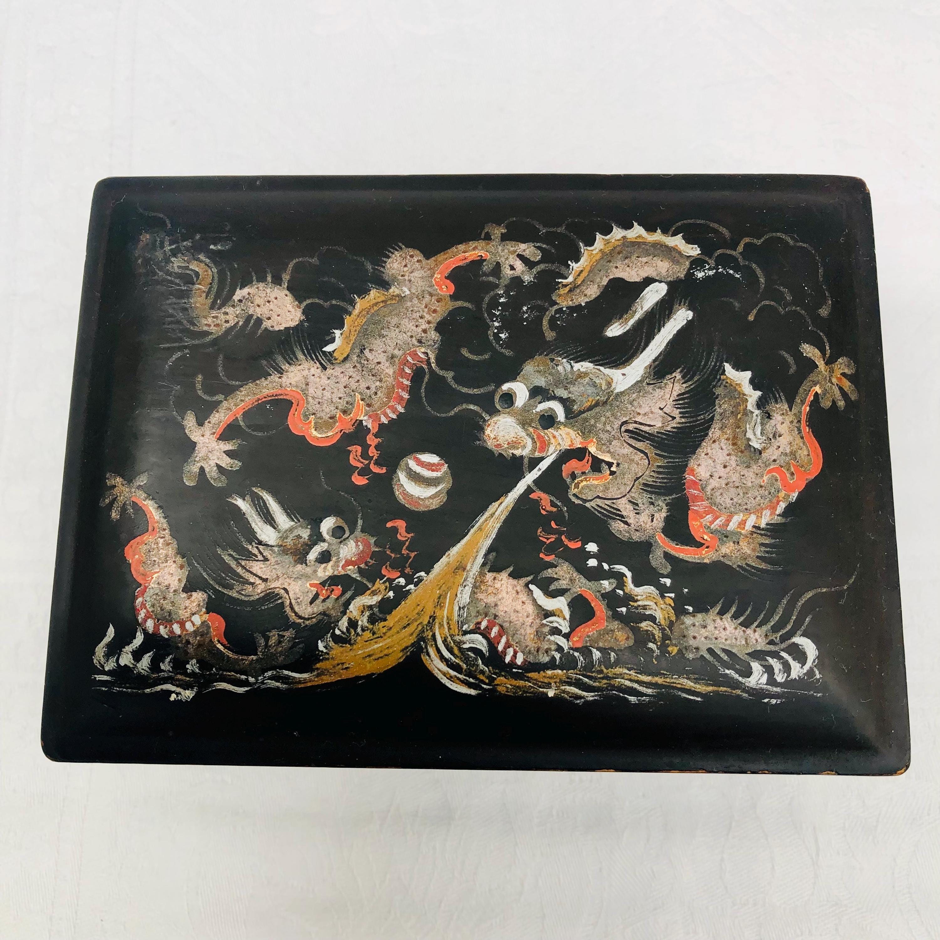 アンティーク中国漆器木箱、手描きの龍のデザイン、中国福州。 - Etsy 日本