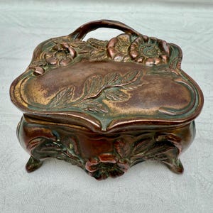 Antique Art Nouveau, Bronze Metal, Jewellery Casket, Embossed Floral Motifs.
