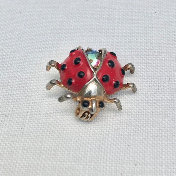 Vintage Ladybug Pin, Ladybird Brooch, Enamelled, Rhinestone, Metal Brooch