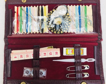 Midcentury Leather Etui, Leather Purse Style Sewing Set, Press Stud Fastenings