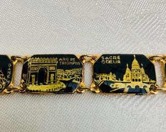 Bracelet Émaillé Ancien - Souvenir De Paris Avec Tour Eiffel Et Notre-Dame - Vintage Charmant