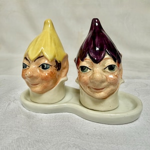 1940s Vintage Pixie Ware Salt & Pepper Shakers By Cooper Clayton Pottery, Staffordshire England, Hand Painted, Whimsical Ceramic Set.