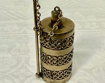 Antique, 19th Century, Decorative Silver-Copper Alloy, Bedouin Khol Pot With Chained, Attached Applicator.