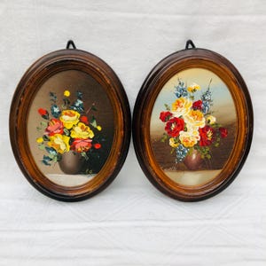 1950s, Vintage Pair, Signed Oil Paintings, Still Life Roses, Faux Wooden, Oval Frames, Handmade In Hong Kong.