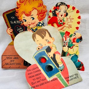 Cartões de Dia dos Namorados vintage da década de 1940, incluindo Ruth E Newton, 3 cartões de Dia dos Namorados americanos usados/mecânicos.