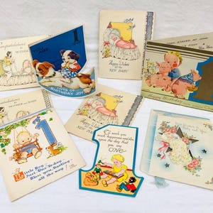 Colección de 9 tarjetas efímeras de celebración de bebés, vintage, de los años 1940 y 1950.