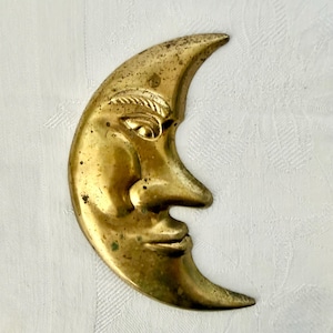 Retro Celestial Brass Moon, Wall Decor, Anthropomorphic Crescent Moon, Hand Crafted Wall Plaque.