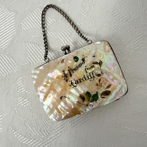 May include: A rectangular mother-of-pearl purse with a silver chain handle. The purse is iridescent with floral accents and the text "A present from Cardiff". The clasp is silver.