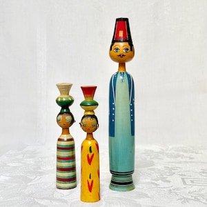 Decorative 1960s Vintage, Egyptian Folk Art, Handcrafted, Wooden Spindle Dolls, Beautifully Hand Painted Traditional Clothing & Features.