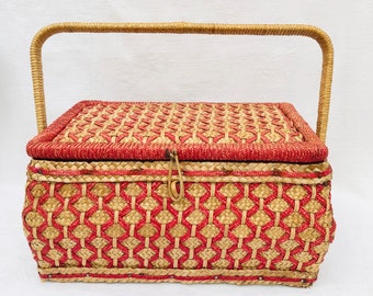 Midcentury Wicker Sewing Basket, Red Satin Lining, Late 1940s-1950s, Peoples Republic Of China