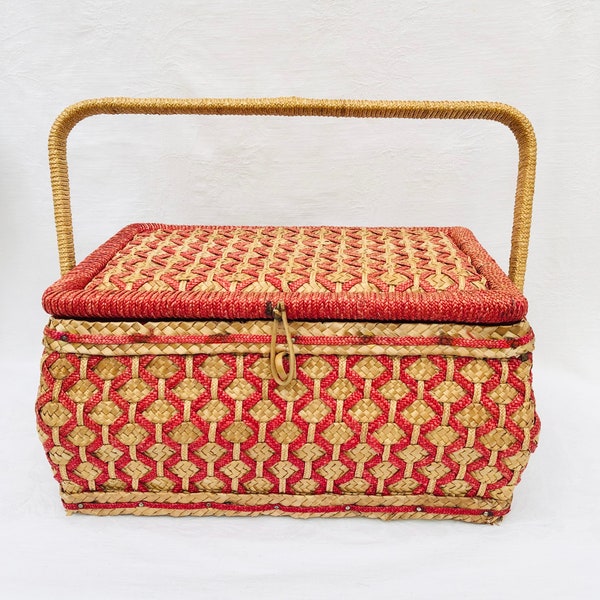 Midcentury Wicker Sewing Basket, Red Satin Lining, Late 1940s-1950s, Peoples Republic Of China