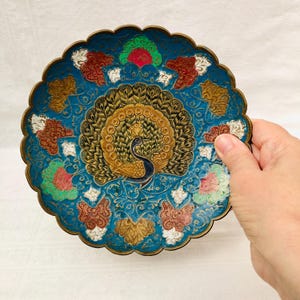 Vintage Enamelled Brass, Peacock Pedestal Bowl With Scalloped Edge, Made In India.