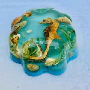 Fun 1960s Lucite, Sealife Themed, Seahorse, Seashells, Jelly Mould Shape Paperweight.