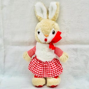 1960s Vintage Plush Bunny Rabbit Toy With Red & White Cotton Fabric Gingham Clothes