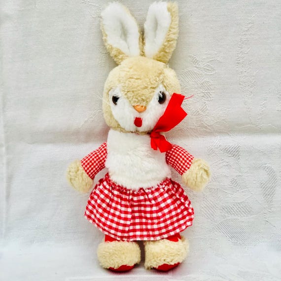 1960年代ヴィンテージのぬいぐるみうさぎ、赤と白のギンガムチェック柄