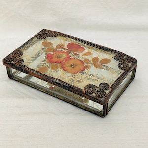 Vintage Glass Trinket Box, Pressed Flower Lid, Mirrored Base, Copper Wired Rope Detail.
