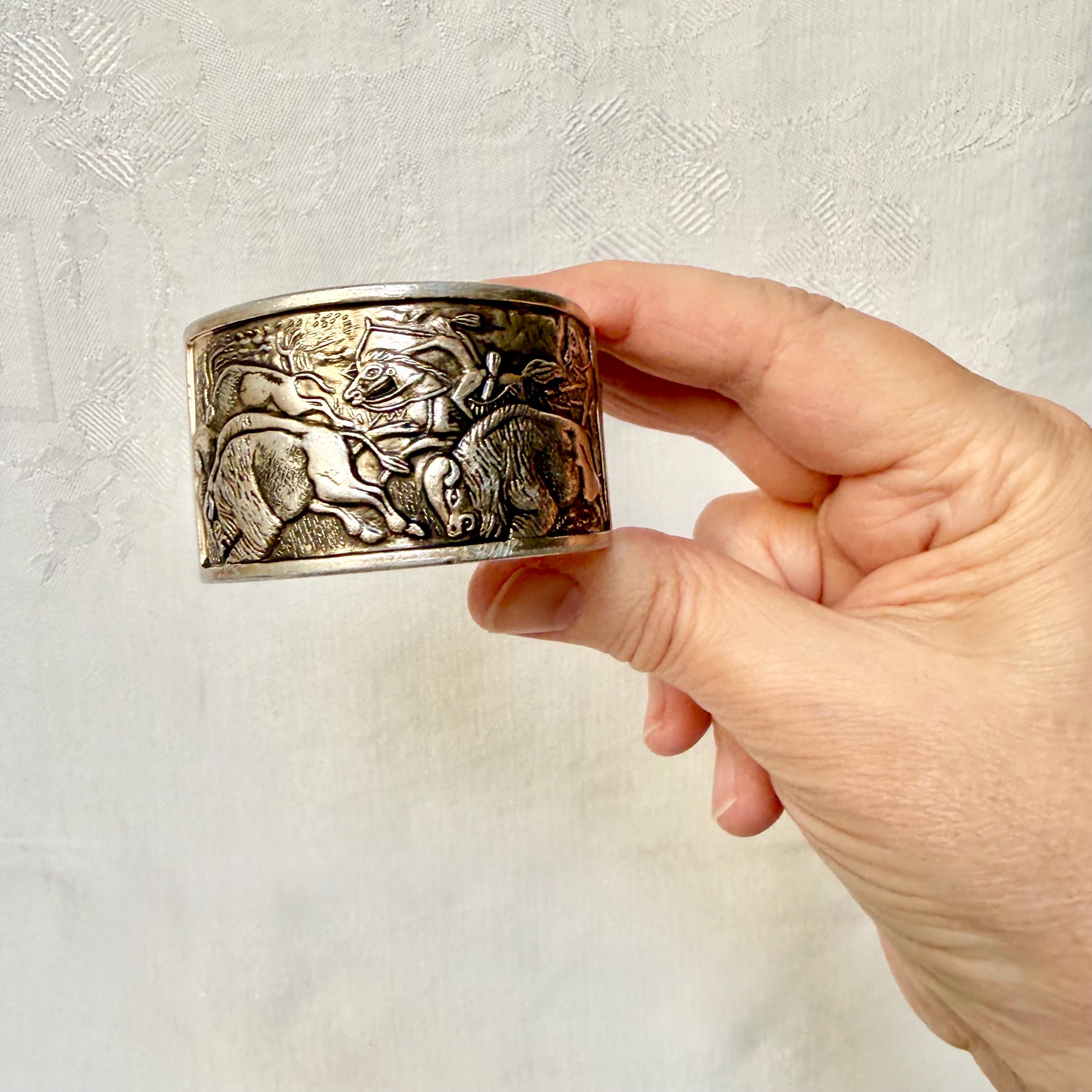 Vintage 1960s Repousse Cuff, Clamper Bangle, Silver Tone, Native