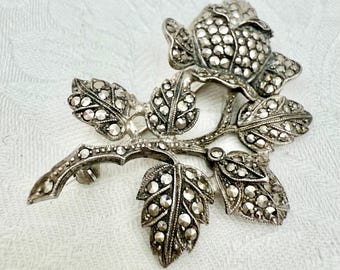 Beautiful Art Deco, Sterling Silver & Marcasite Brooch Pin, Floral Sparkling, Rose, Marcasite Brooch Pin.