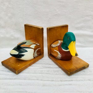Midcentury Carved Wood, Mallard Duck Bookends, Hand Painted With Glass Eyes.