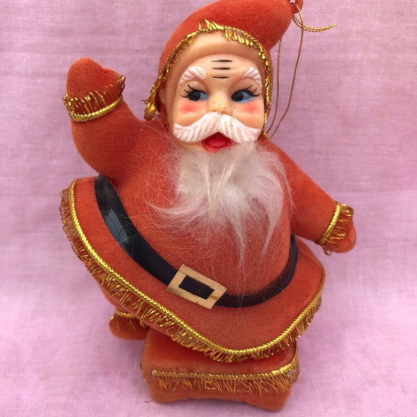 Midcentury Flocked Santa, Retro Xmas Tree Decoration, Cute Kitsch Vintage Santa Decor