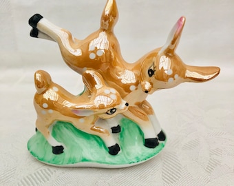 1950s Lustreware Fawns, Cute Kitsch Baby Deer Figurine, Marked Japan