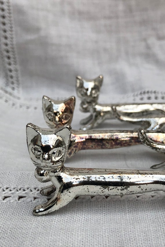 5 French Art Deco Style Cat Knife Rests, Well Patinated