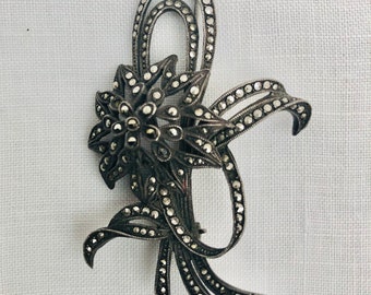 Beautiful Art Deco, Sterling Silver & Marcasite Brooch Pin, Floral Sparkling Marcasite Brooch Pin